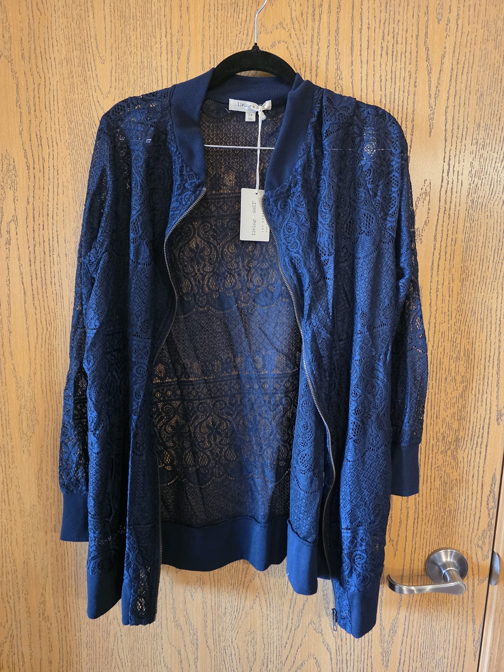 living doll Navy Lace Zip-Front Cardigan